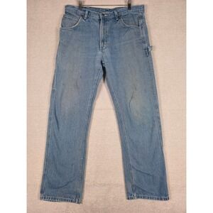 VTG Key Industries Carpenter Work Pants Light Blue Denim Stained Thrashed 36x33